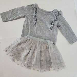 Okie Dokie Baby Girl Tutu Skirt & Ruffle Top Outfit Gray Silver Polka Dot 6M